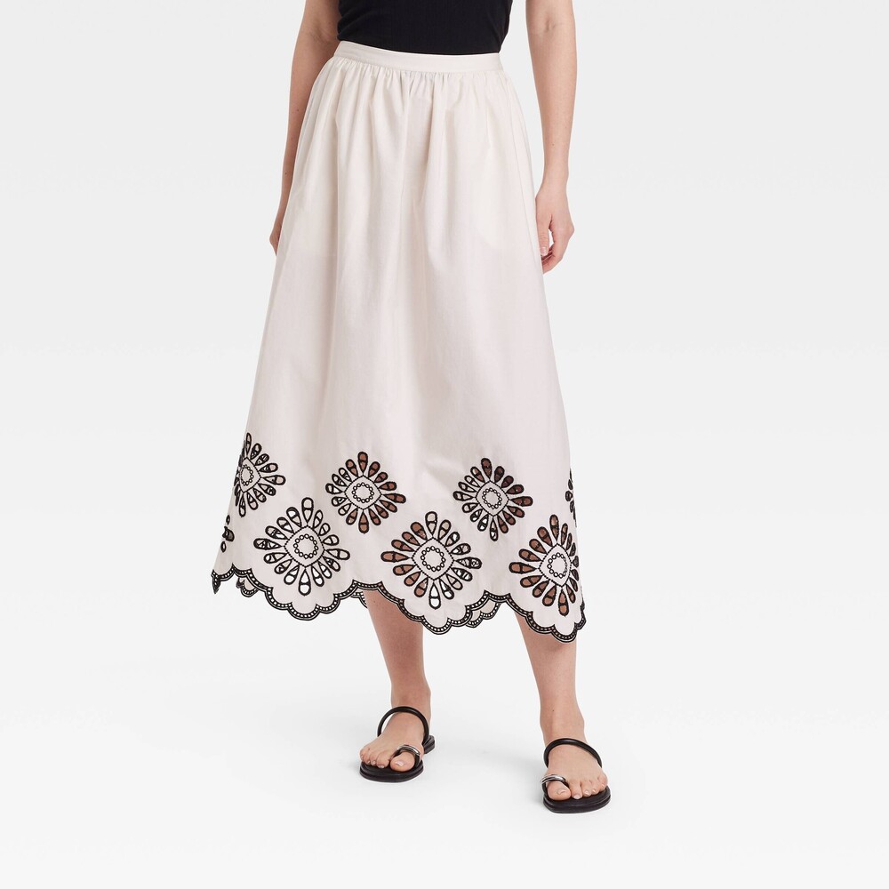 Universal Thread Cream Eyelet Midi A line Skirt XS Embroidered Scallop Hem NWT